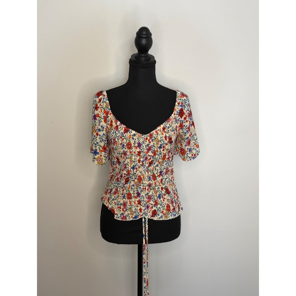 Willow+Root Floral Cottagecore Smocked Sweetheart Neck Ruched Drawstring Top